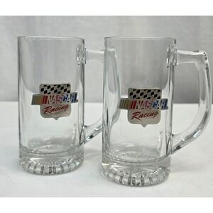 NASCAR Racing Beer Mugs Set of 2 Clear Glass Tankards with Metal Logo Emblem